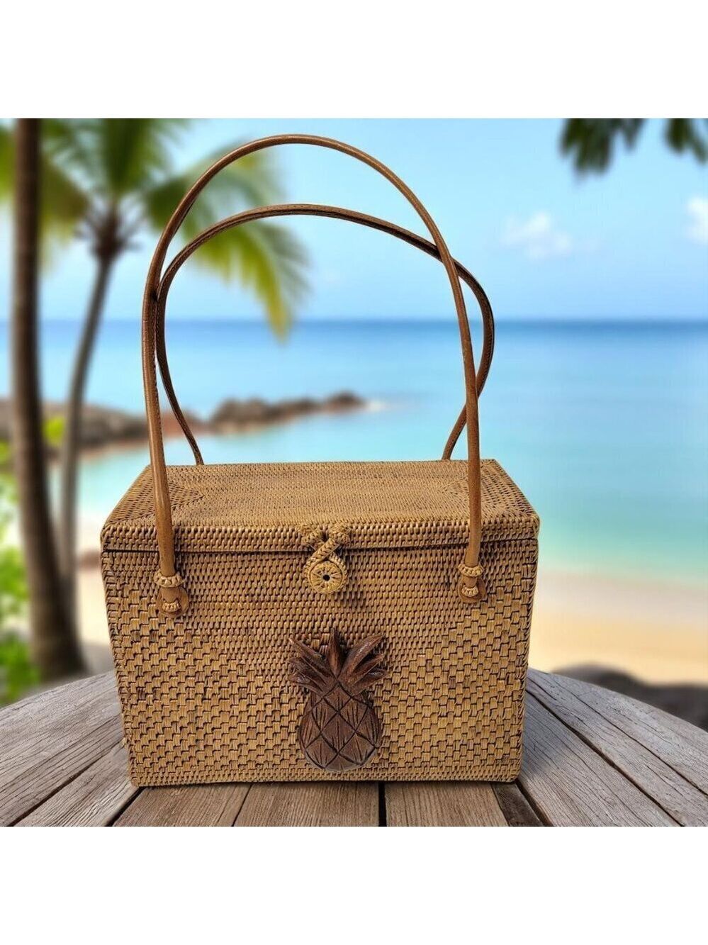 Dewi Artisan Woven Rattan Pineapple Box Purse – Coastal Boho Summer Bag